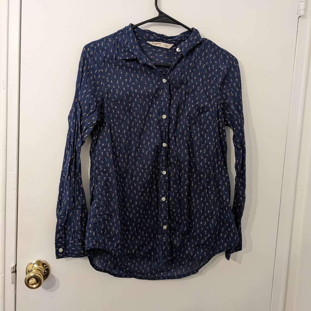 Old Navy Women's Navy Button Down Shirt with Floral Pattern